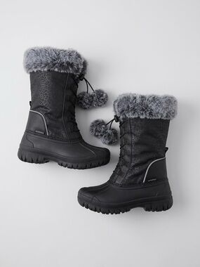 Women's Black Winter Boots with Gray Faux-Fur Trim and Pom Poms